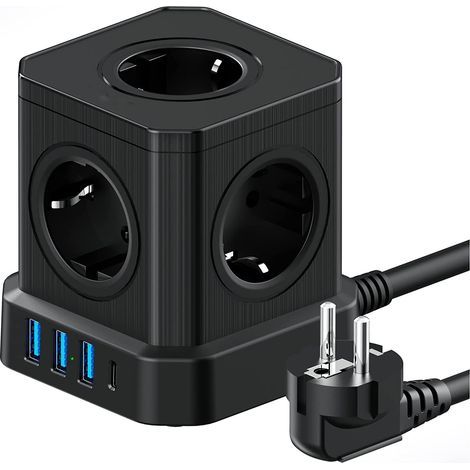Multiprise Cube 9-en-1 – 5 prises EU 4000W – 3 ports USB-A 3.1A et 1 USB-C 20W – Interrupteur et câble 2M – Design vertical antidérapant (1/4)