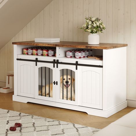 Cage pour chien, meuble de rangement intérieur pour chien, avec porte coulissante et serrure, cloison centrale amovible, meuble TV, plateau marron vintage, blanc, 153 x 60 x 85 cm (1/4)