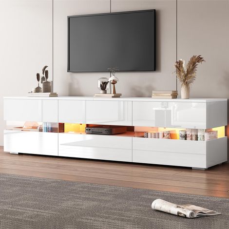 Meuble TV blanc laqué 160×39×45 cm, LED, 2 portes, 1 tiroir, insert acrylique, ouverture push, pieds laqués. Convient aux TV jusqu’à 70 pouces.