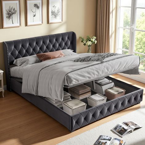 Cama matrimonial con contenedor 140x190 cm, con cabecero con botones remachados y somier de láminas, estructura de metal, terciopelo, cama con acolchado hidráulico para adultos y niños - Gris