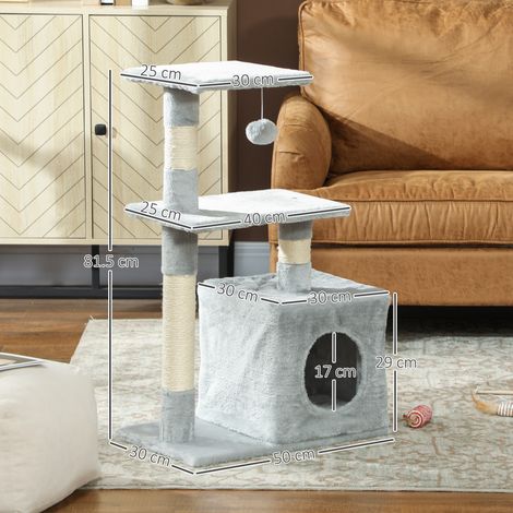 Arbre à chat (maison, 2 plateformes, balle incluse), en bois, sisal et peluche, 50 x 30 x 81,5 cm, gris (1/5)