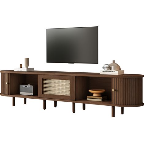 Meuble TV 180 cm noyer foncé, rotin, 2 portes coulissantes, 1 tiroir, pieds réglables (1/5)