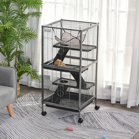Jaula de acero para roedores, cobayas y chinchillas con 3 niveles, 4 ruedas, hamaca y bandeja extraíble, 52 x 52 x 113,5 cm, gris plata.