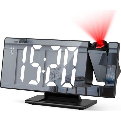 Reveil Projecteur Plafond, Réveil Matin avec Écran LED Miroir,Horloge Digitale Projection LCD Tournée à 180° luminosité à 4 niveaux (1/5)