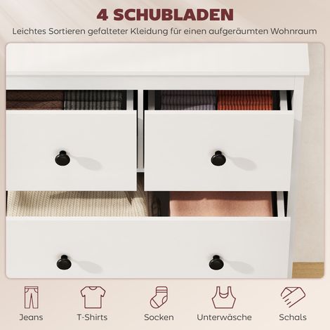 Commode 4 tiroirs pour rangement vêtements et linge de lit, salon, chambre, entrée, panneaux de particules, blanc (1/4)