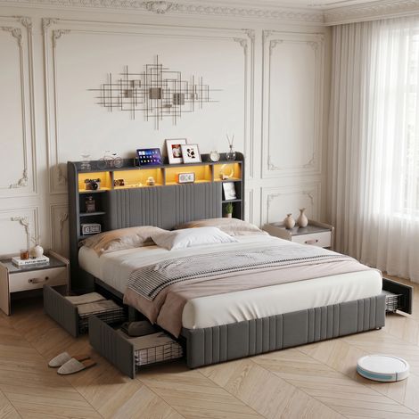 Lit double - Lit 160x200 avec rangement - Tissu en lin gris - LED intégrée & USB-C - 4 tiroirs (1/5)
