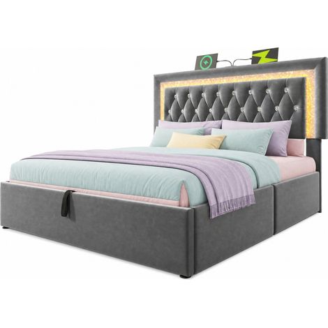 Lit coffre 140x200 cm en velours gris avec LED, ports USB et Type-C, tête de lit capitonnée, rangement hydraulique et sommier à lattes, moderne, CHICFURN (1/5)
