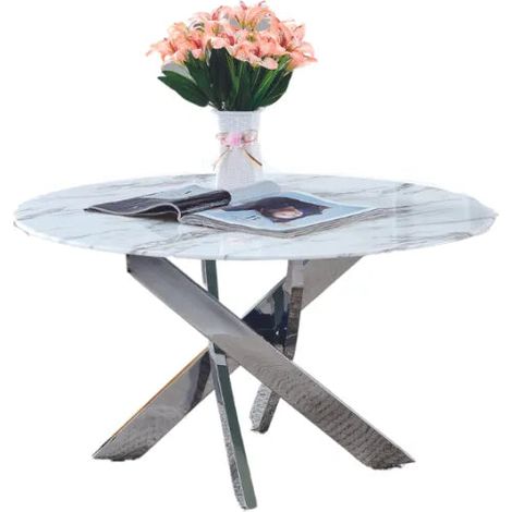 Table basse ronde JESSY pieds chrome et plateau en verre MARBRE BLANC 80 cm (1/2)