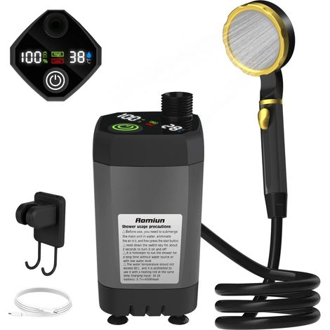 (Gris 9000 mAh) Pompe de douche de camping, kit de douche extérieure pour camping-car, douche de camping avec affichage numérique intelligent et réglable (1/4)