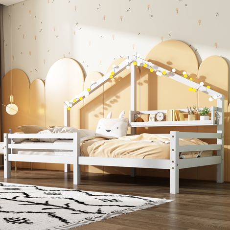 Cama infantil tipo cabaña 90x200 cm de madera blanca con almacenaje, sin colchón FloraGrace (1/5)