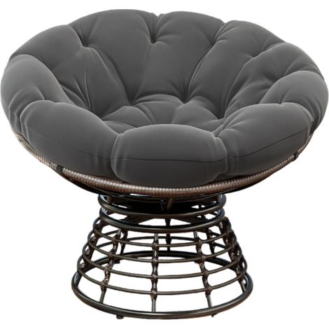 Fauteuil Papasan Rotatif en Résine Tressée avec Coussin Gris, Cadre Marron, pour Intérieur et Extérieur (1/5)
