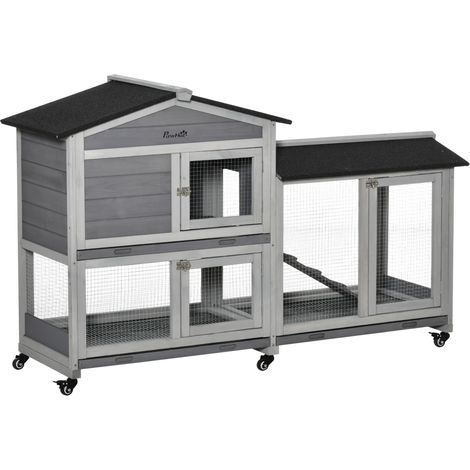 Hasenstall 2 Etagen Kaninchenstall aus Holz 157.4 x 53 x 99.5 cm Kaninchenkäfig mit wetterfest Bitumendach. Freilaufgehege. Rampe. Tür. Stahlgitter. Hasenkäfig für Kaninchen. Outdoor Grau (1/4)