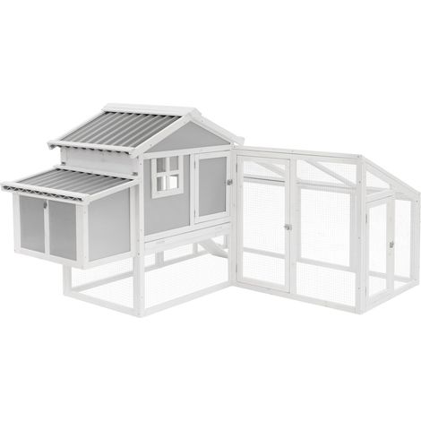 ECD Germany Poulailler avec Enclos Extérieur en Bois Massif, Nichoir 2 Emplacements, Perchoir et Tiroir à Déjections Amovible, Structure Modulable pour 2 Poules, Convient Petits Animaux, Blanc et Gris (1/5)