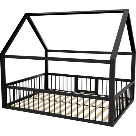 Lit cabane en métal noir 140 x 200 cm avec barrières, cadre de lit pour enfant (1/5)