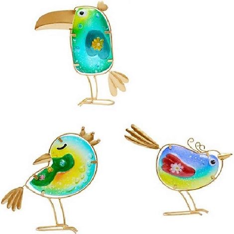 Décoration de jardin pour l'extérieur, ensemble de 3 oiseaux décoratifs amusants en métal et verre pour l'intérieur et l'extérieur, décoration artistique pour le jardin, statues d'art pour le jardin (1/5)