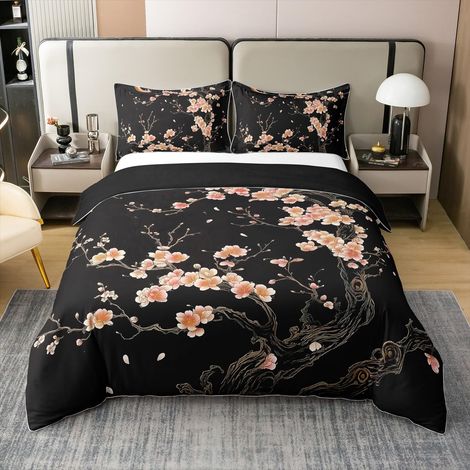Housse de couette 135 x 200 cm Style japonais 100 % coton Pour enfants, adolescents et adultes Motif fleurs de cerisier Décoration de chambre Avec 1 taie d'oreiller (1/5)