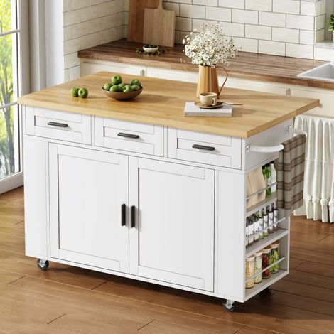 Isla de cocina 120x45(70)x84 cm, tablero abatible, almacenamientos integrados, con enchufes, MDF natural y blanco (1/5)