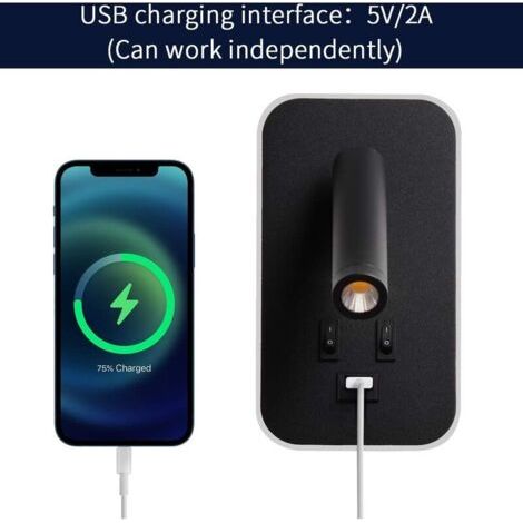 Applique murale LED, liseuse de chevet avec interrupteur, port de charge USB, éclairage d'ambiance de chambre à coucher Spot réglable (3W 3000K + 9W 6000K) Noir (1/4)