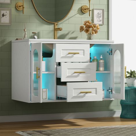 Meuble sous vasque avec 2 tiroirs et 2 portes, verre strié, étagères réglables et LED, 76×46×55 cm, Blanc (1/5)