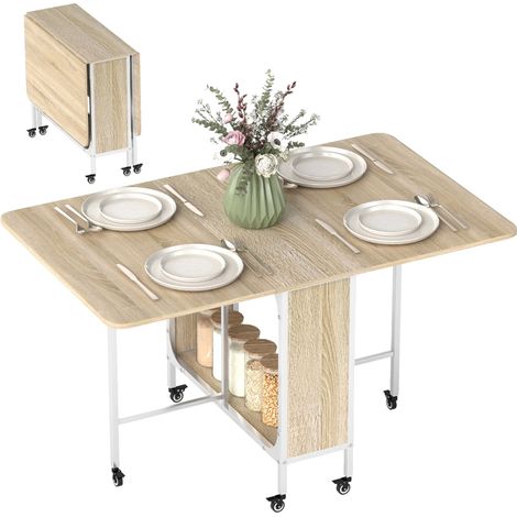 Table de Cuisine Pliable avec Roues et Étagère 130x80x74 cm Bois Naturel pour Salon et Espace Gain de Place (1/5)