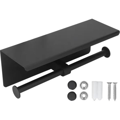 Lot de porte-rouleau en métal inoxydable avec tablette, adhésif sans perçage pour WC, noir K10 (1/4)