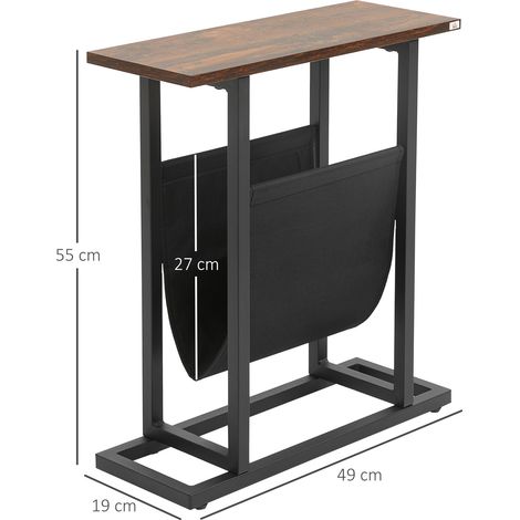 Table d'appoint, table de chevet, design fin, avec poche en tissu, acier, marron foncé et noir, 49 x 19 x 55 cm (1/5)