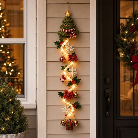 Porte-porche en forme d'arbre de Noël, décoration murale verticale de 119.4 cm avec étoile et cloches pour porte d'entrée, entrée et mur de porche. (1/5)
