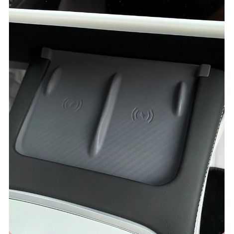 Kabelloses Ladepad für die Mittelkonsole von Tesla Model 3 und Model Y (Modelle 2021-2023), Carbonfaser-Textur, unterstützt kabelloses Laden, aus Silikon, Innenausstattung, Autozubehör. (1/5)