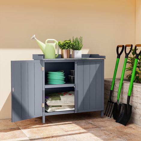 Armoire extérieure en bois avec plateau en métal et 2 étagères à outils. 98 x 48 x 95,5 cm. Gris.