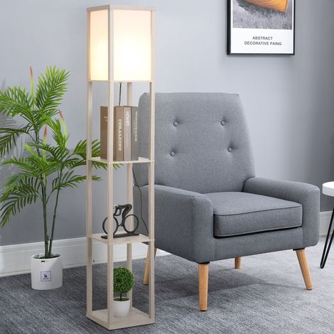HOMCOM Stehlampe mit Ablagefächern, moderne Holzlampe, E27-Leuchtmittel, für Wohnzimmer, Schlafzimmer, Büro, Eiche