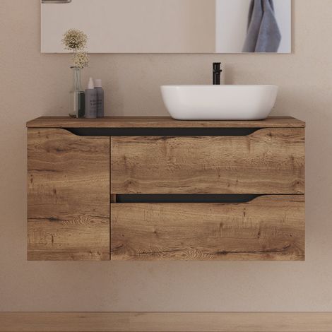 Meuble de salle de bain 100cm avec plateau et vasque à poser déportée à droite Zeus - sans miroir - 2 tiroirs et un placard - tabaco (bois foncé) - ZARZA