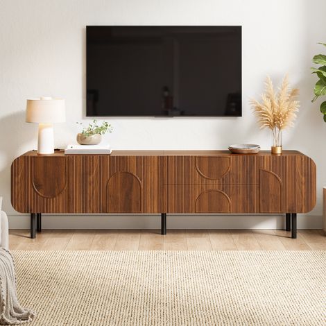 DESMIU Meuble TV 3 portes 2 tiroirs avec passe-câbles, style Mid-Century, pour salon, en MDF et panneau de particules, noyer (1/5)