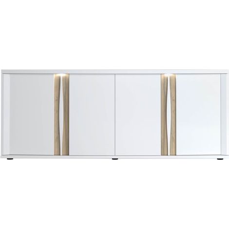Buffet 4 portes avec éclairage LED 200,5x57x87 cm – Panneaux de particules laqués et chêne naturel – Style scandinave blanc et chêne – Sciae (1/5)