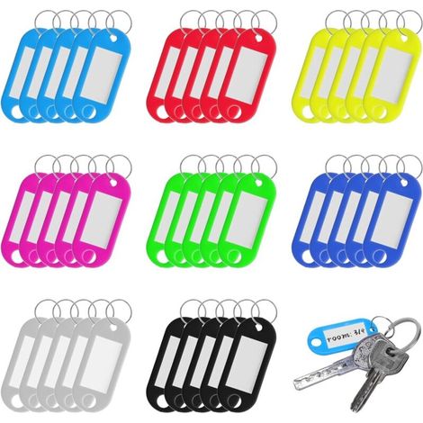 Lot de 80 porte-étiquettes clefs inscriptibles – 8 couleurs – Dimensions 5 x 2,2 cm – Plastique pour identification clés et bagages –