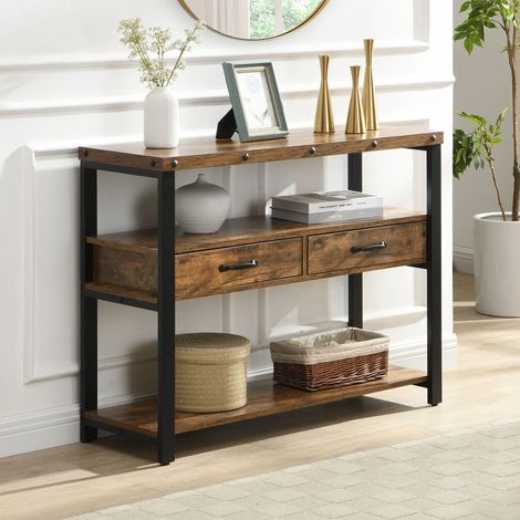 Console Table 2 Drawers 2 Open Shelves Storage Hallway Entryway Table Industrial Rustic (1/5)