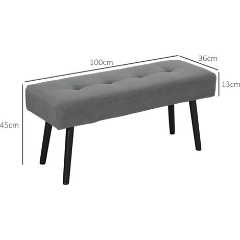 Banc rembourré en velours côtelé gris, pieds métalliques, convertible en repose-chaussures ou meuble d'accueil pour chambre, salon, entrée. Dimensions : 100 x 36 x 45 cm. (1/5)