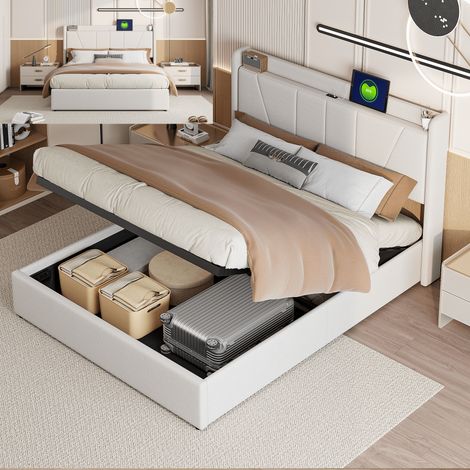 Lit 160x200 cm avec sommier USB et Type-C, Lit coffre 160x200 avec rangement et sommier à lattes, LIt Double Rembourré pour Adultes et Adolescents, Lin, Beige (1/5)