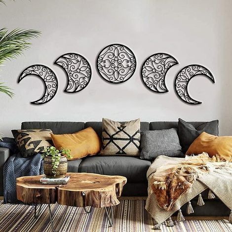 5-teiliges Schlafzimmer-Deko-Set, Wanddeko fürs Schlafzimmer, Schlafzimmerdeko im nordeuropäischen Stil, Mondphasen aus Holz, Mond für drinnen, Wanddeko im Bohème-Stil fürs Schlafzimmer (Schwarz) (1/5)
