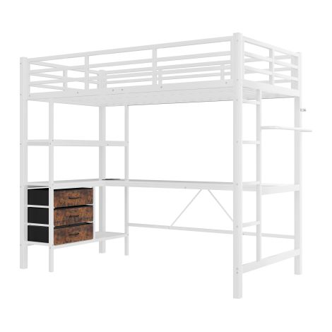 Hochbett, Mit LED-Leuchten, Schreibtisch, Steckdose + USB, 3 Schubladen, Regale, Geländer, Treppe, ohne Matratze (1/5)