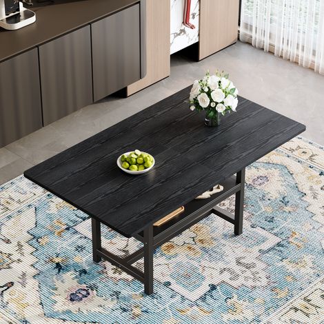 Mesa de comedor rectangular con estante de almacenamiento multifuncional, en madera negra y patas negras, 160x90x76 cm