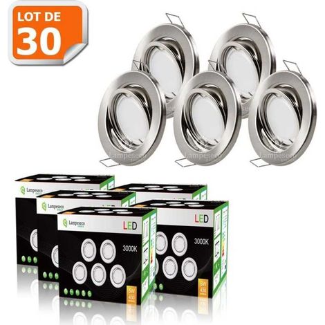 Lampesecoenergie – Lot de 30 spots encastrables orientables LED GU10 5W – Aluminium brossé – Blanc chaud 2800K – 430 lumens – Installation facile 75mm (1/7)