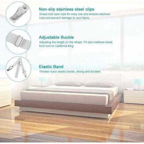 NALOOKAMIC (Lot de 4 courts blancs) Sangles de support de drap de lit - Clips de drap-housse réglables Bretelles de fixation de drap de lit Support de pince élastique utilisé pour les draps de lit, l (1/4)