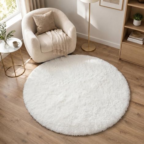 Tapis Chambre Tapis Rond Shaggy Blanc R120cm Doux Et Moelleux, Moderne Élégant, Dessous Antidérapant, Parfait Pour Salon Et Chambre Garçon/Fille (1/5)