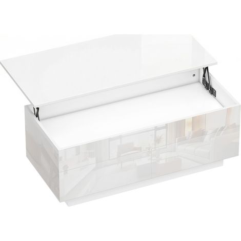 Tavolino da salotto bianco lucido elevabile con vano nascosto e 2 cassetti HOMVRA (1/5)