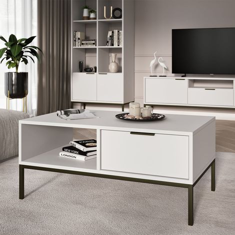 Couchtisch 100 cm Seattle Weiß Schwarze Beine (1/5)