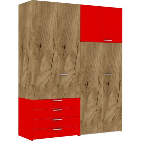 L.180 H.225,8 - Armadio con ante battenti e cassettiera interna - Quercia e Rosso (1/5)