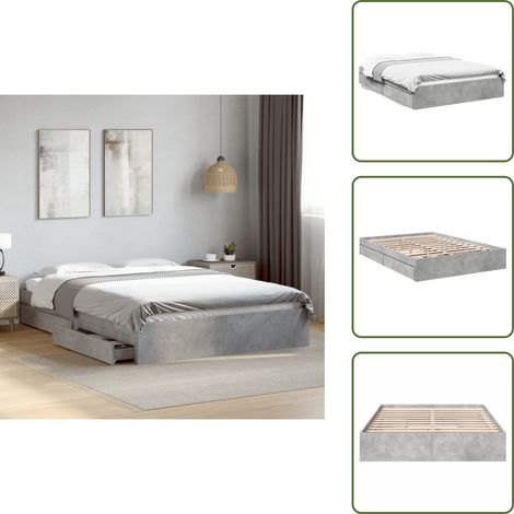 The Living Store Cadre de lit avec tiroirs sans matelas gris béton 150x200 cm - Cadre De Lit - Lit Double - Lit Avec Tiroirs - Meuble De Chambre - Design Moderne