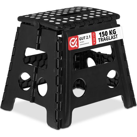 Relaxdays Tabouret pliable, 1 marche, jusqu’à 120 kg, plastique antidérapant, escabeau cuisine, 32,5 cm de haut, noir (1/5)