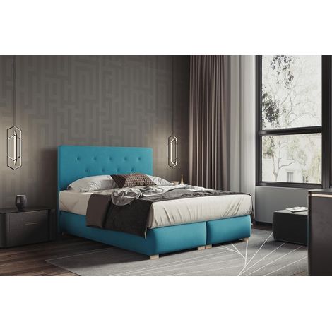 Lit adulte 160x200 cm LUPIN - avec matelas ressorts intégrés, rangement et surmatelas - tissu velours – turquois (1/5)