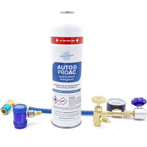 Multitanks – Canette Greenfreeze AUTOPROAC avec flexible et raccords R12/R134a/1234yf – Mélange R600a et R290 – GWP < 3 – Double sécurité d'étanchéité (1/2)